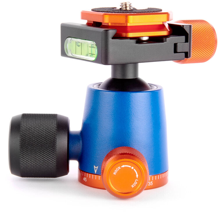 Camera ball head with orange and blue design on a white background