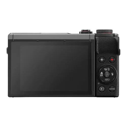 Black digital camera with a large screen and control buttons on a white background