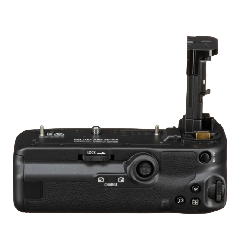 A black Canon BG-R10 Battery Grip designed for specific Canon EOS cameras, featuring various buttons, dials, and a battery compartment.
