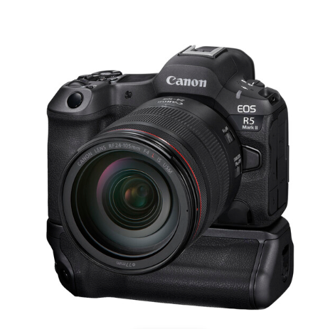 A Canon EOS R5 camera with a black battery grip attached, showing the camera from the front with the lens visible.