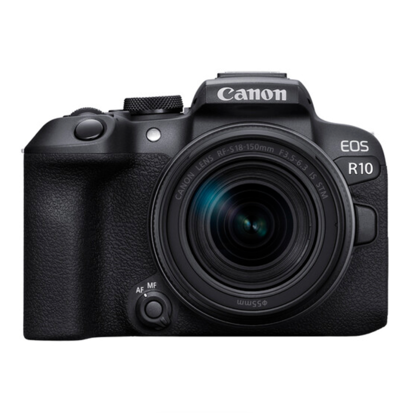 A Canon EOS R10 mirrorless camera with a black exterior and an attached lens.
