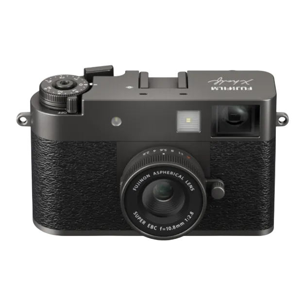 Black Fujifilm camera on a white background