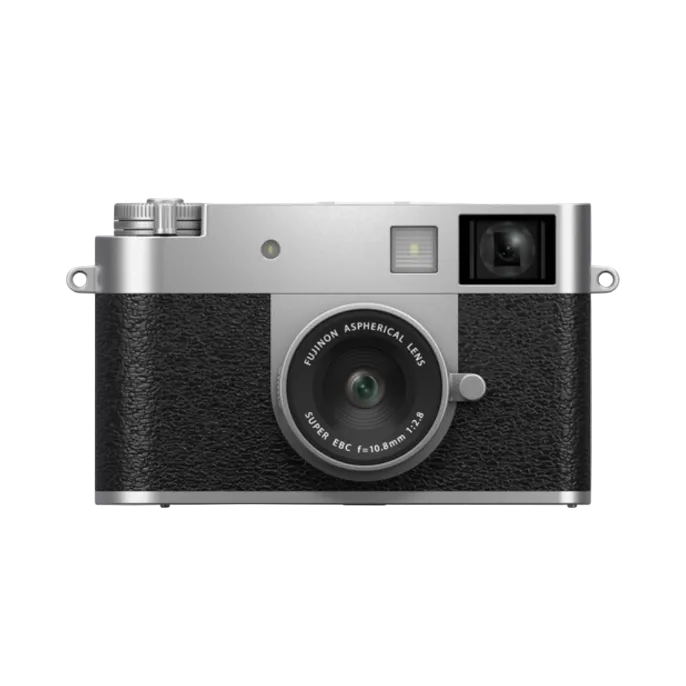 Silver and black camera on a white background