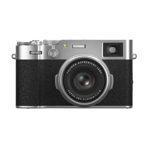 Black and silver Fujifilm camera on a white background