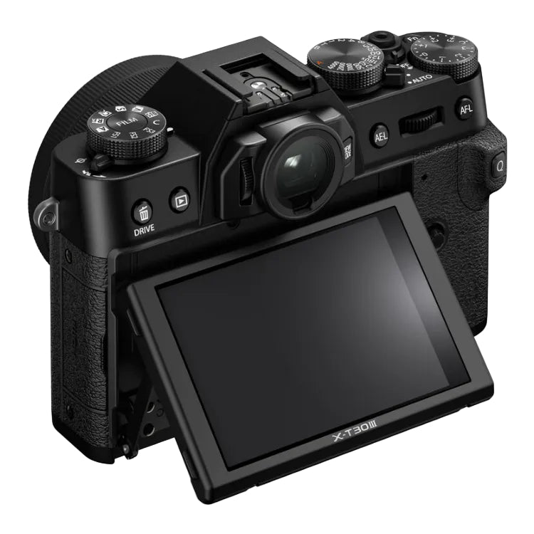 Black camera with open screen on a white background