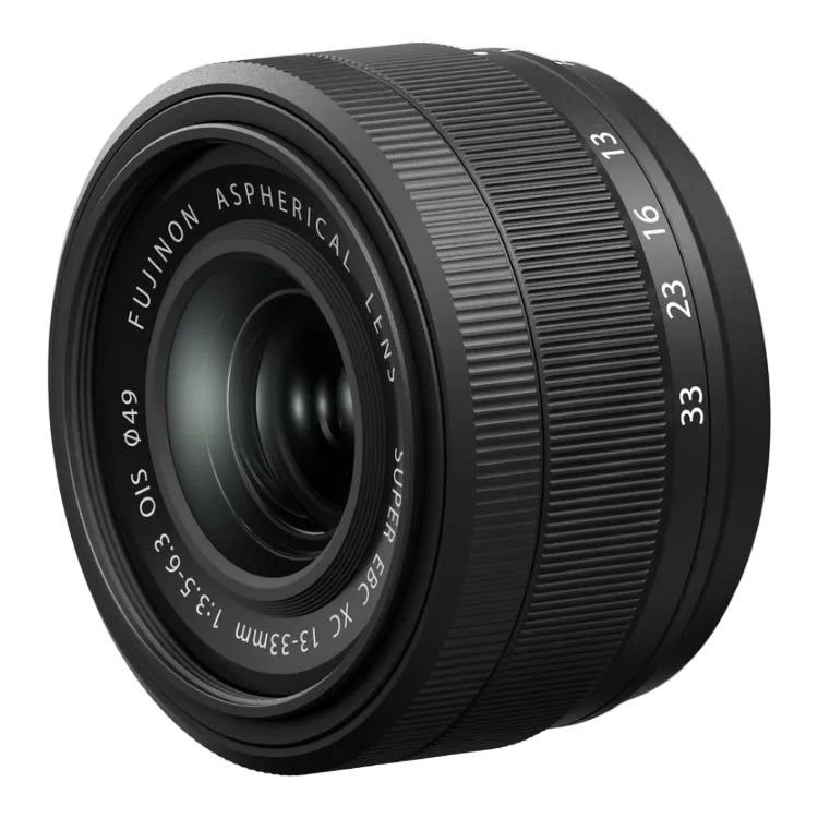 Black camera lens with Fujifilm branding on a white background