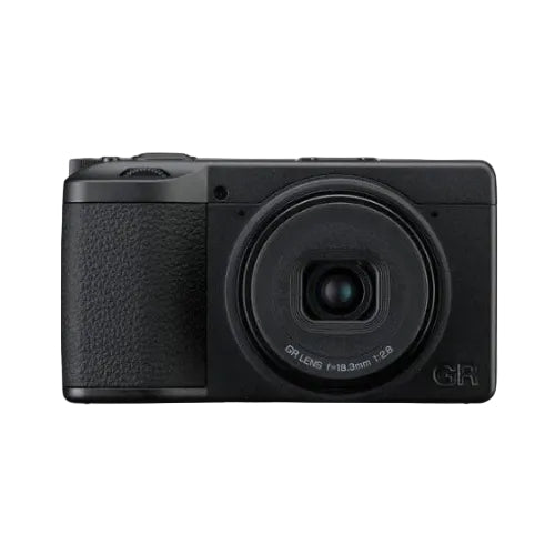 Black camera with 'GR' branding on a white background