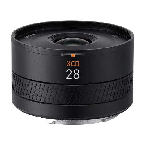 Hasselblad XCD 28mm f/4 P Lens with a black metal body and manual focus ring.