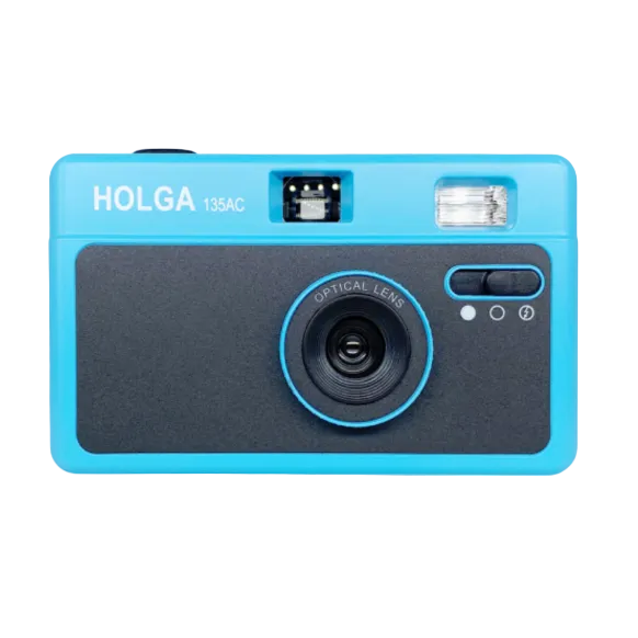 Bright blue Holga 135AC point-and-shoot film camera with a black front panel, central optical lens, and built-in flash.