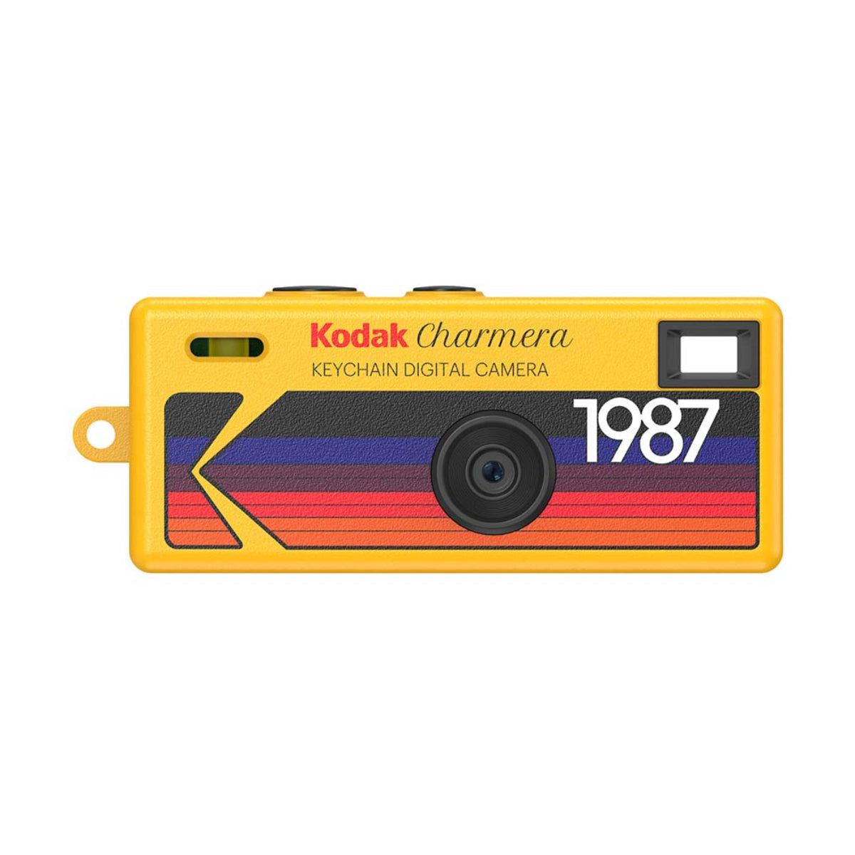 Yellow Kodak Charmera keychain digital camera with a retro 1987 striped graphic design and a compact rectangular body.