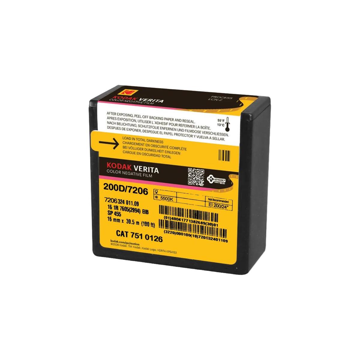 A Kodak Verita 200D/7206 color negative film roll in a black plastic container with a large yellow and black label, photographed on a plain white background.