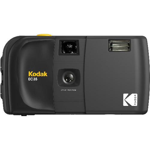 Kodak EC35 film camera shown from the back in matte black, featuring the yellow 'Kodak EC35' branding, lens area, and Kodak logo on a white background.