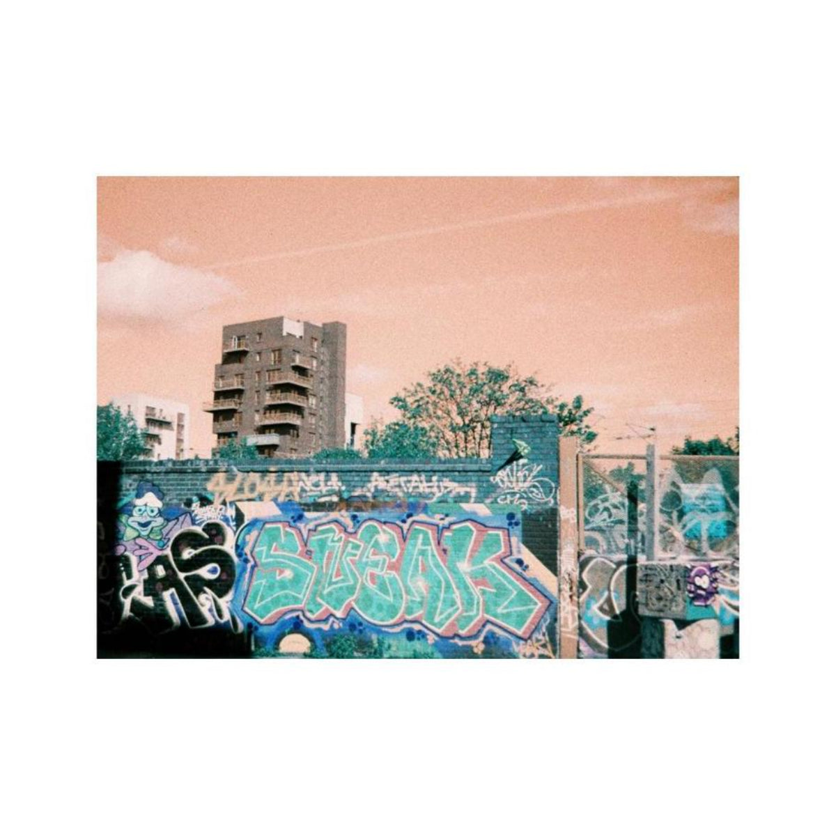 Urban graffiti wall with turquoise and blue color shifts against a peach-toned sky, captured on LomoChrome 110 film.