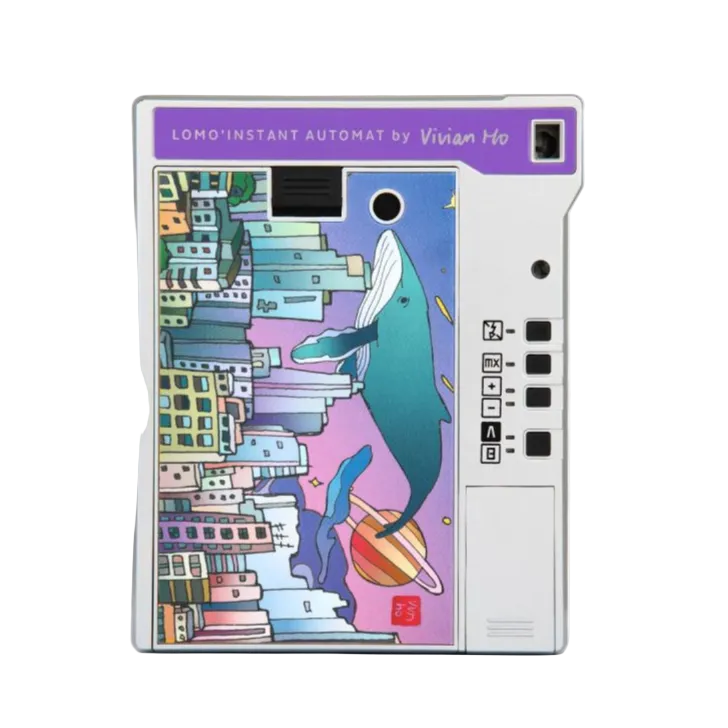 A retro-style instant camera body with a colorful illustrated wrap featuring a whale, buildings, and planets. The top label reads 'LOMO INSTANT AUTOMAT by Vivian Ho'.