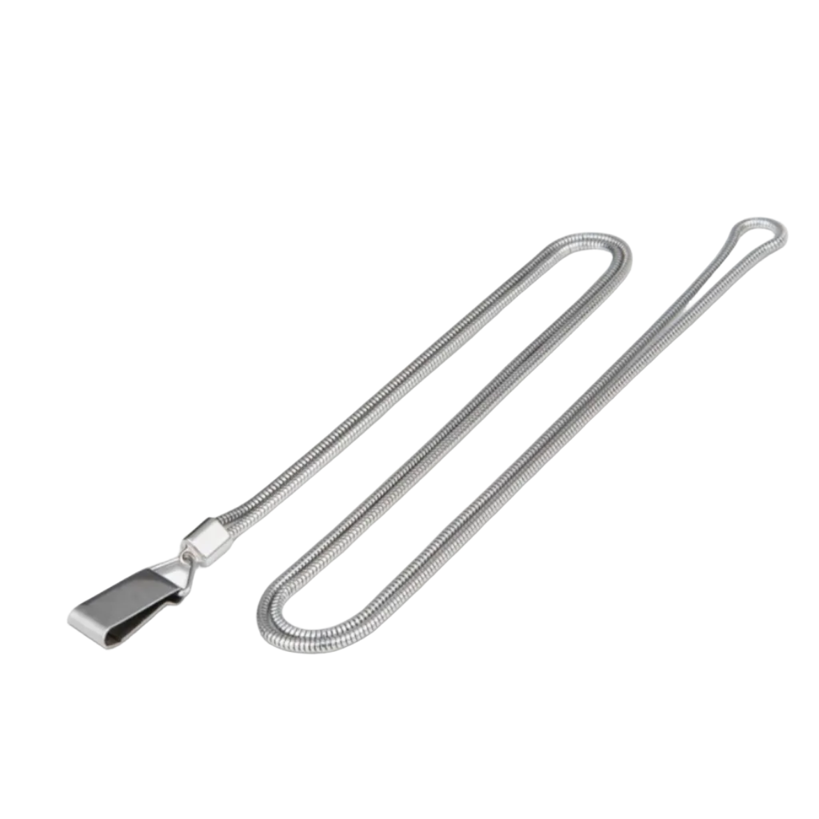 A silver metal chain camera lanyard with a sturdy clasp, isolated on a white background.