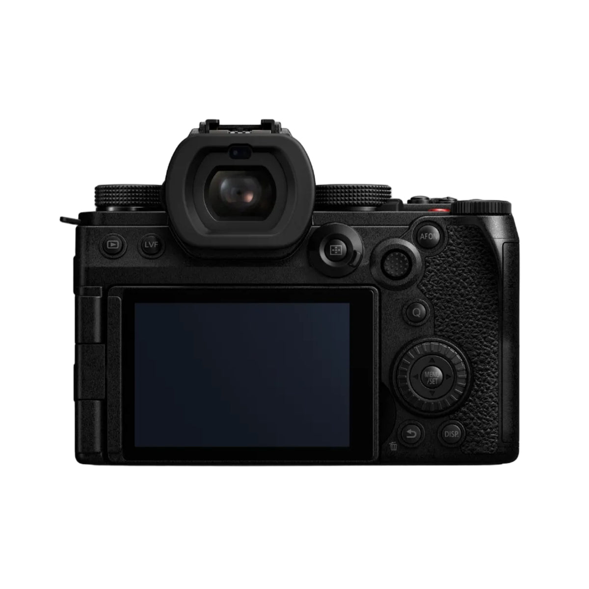 Black camera body with control buttons on a white background