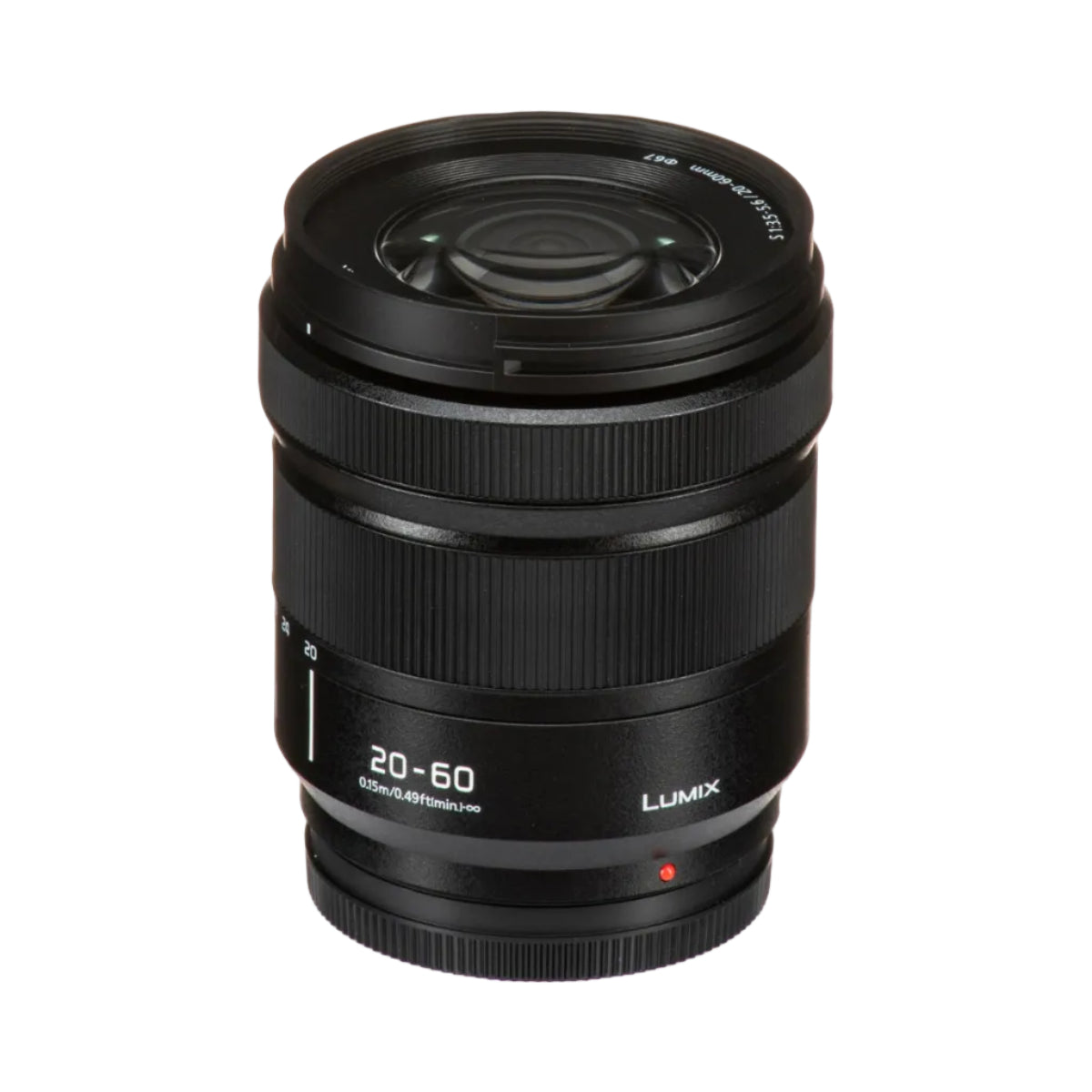 Panasonic Lumix 20-60mm f/4-5.6mm lens in black with white text markings and a small red indicator dot, shown on a white background.