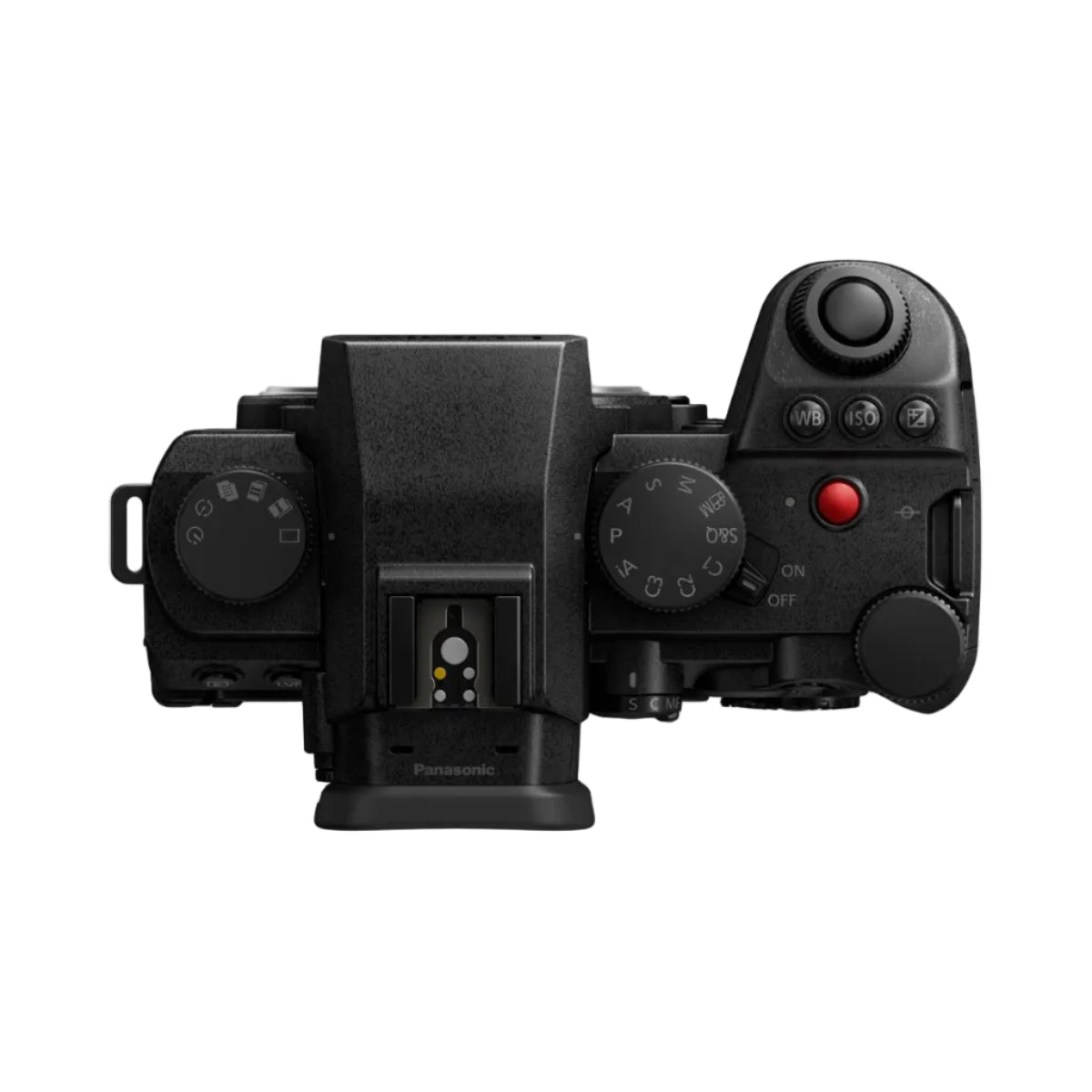 Black camera with various controls on a white background