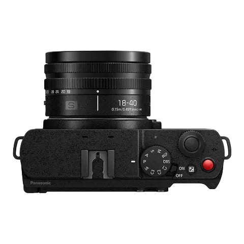 Black Panasonic camera with lens on a white background
