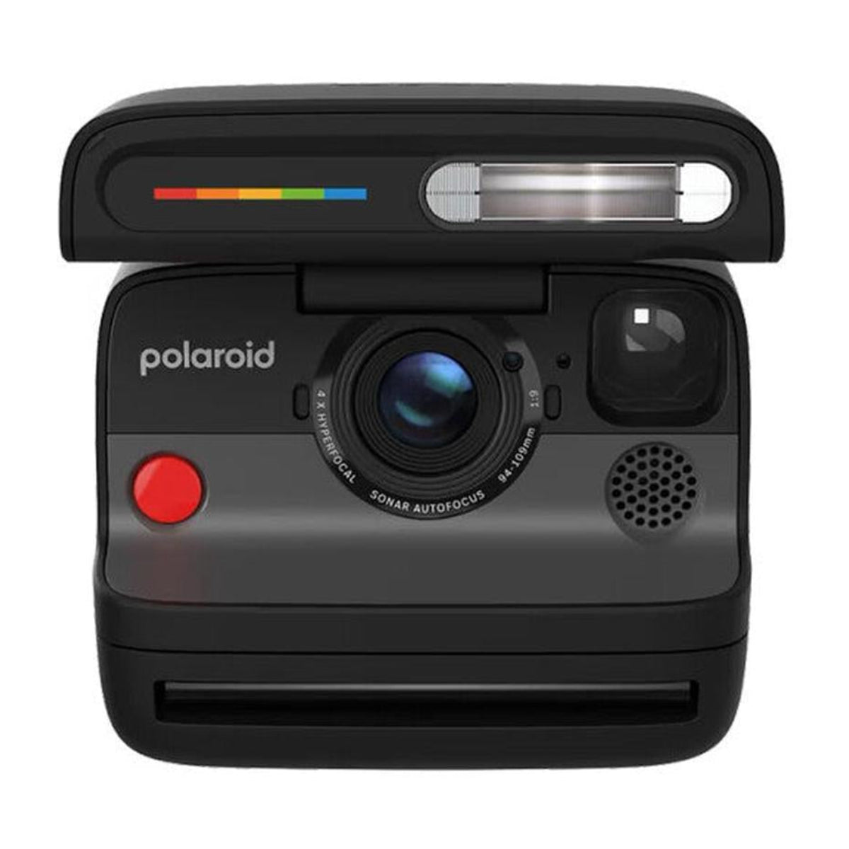 Matte black Polaroid Flip instant camera with a 4-lens autofocus system, built-in flash, and iconic rainbow color stripe.
