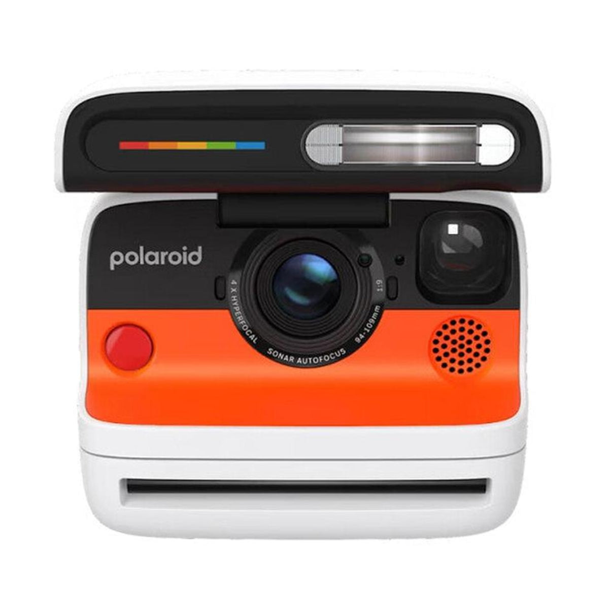 Polaroid Flip instant camera in white and orange with a retractable cover, sonar autofocus lens, and built-in flash.