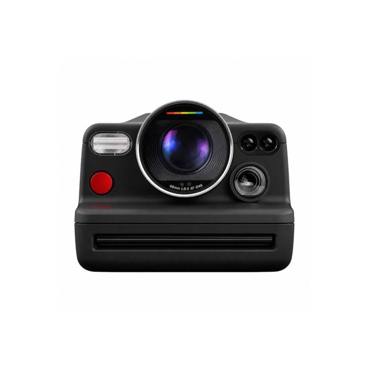 Polaroid I-2 instant camera in matte black with a 98mm lens, LiDAR sensor, and iconic red shutter button.