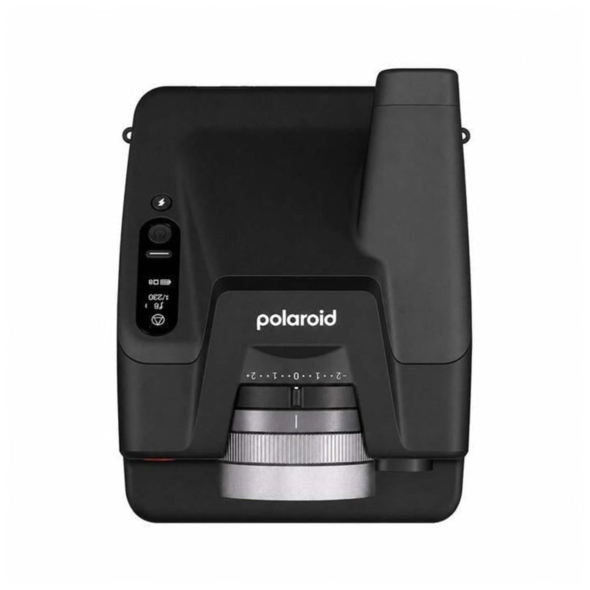 Top-down view of a black Polaroid I-2 instant camera featuring a prominent silver lens ring and digital exposure display.