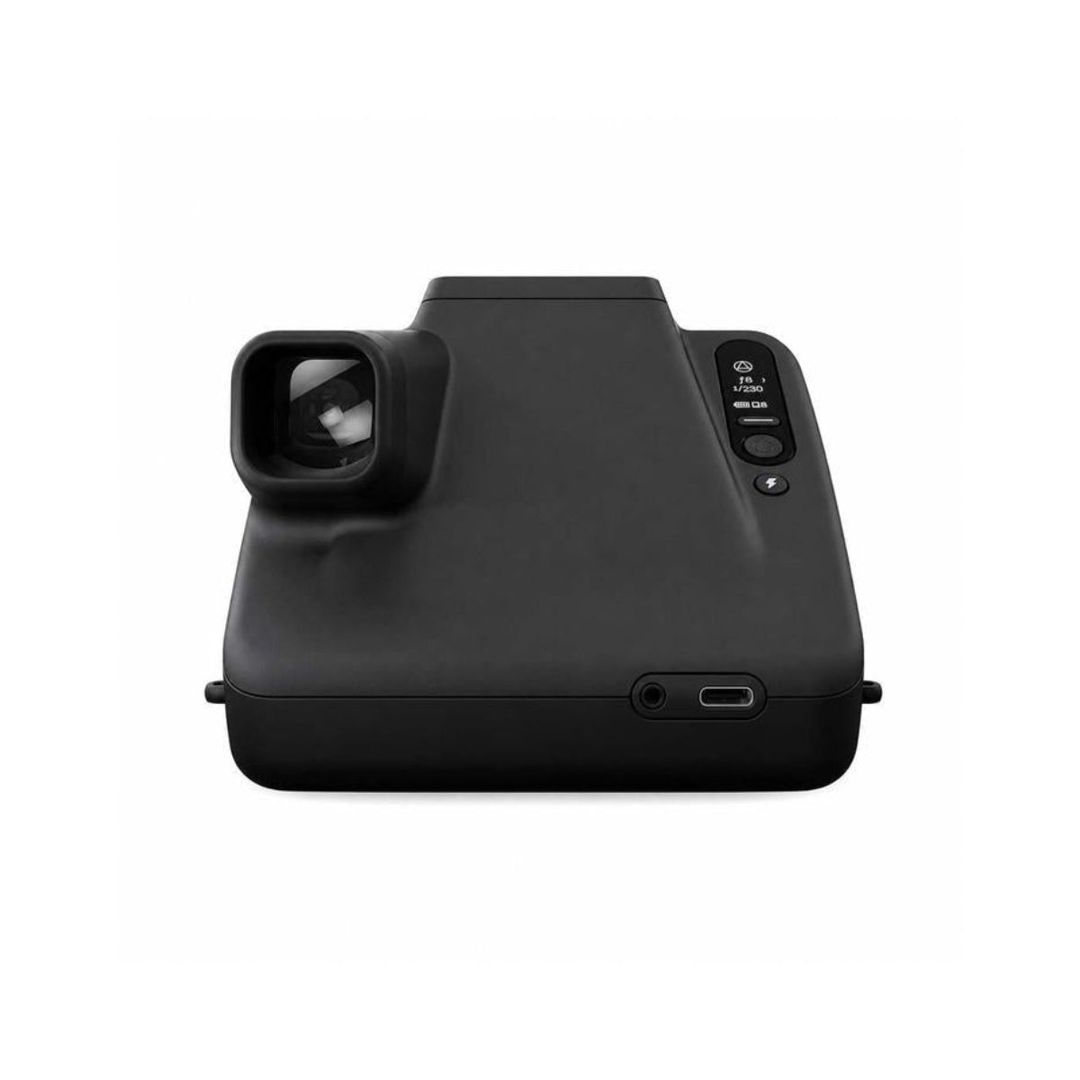 Matte black Polaroid I-2 instant camera with a prominent viewfinder and digital display settings on top.