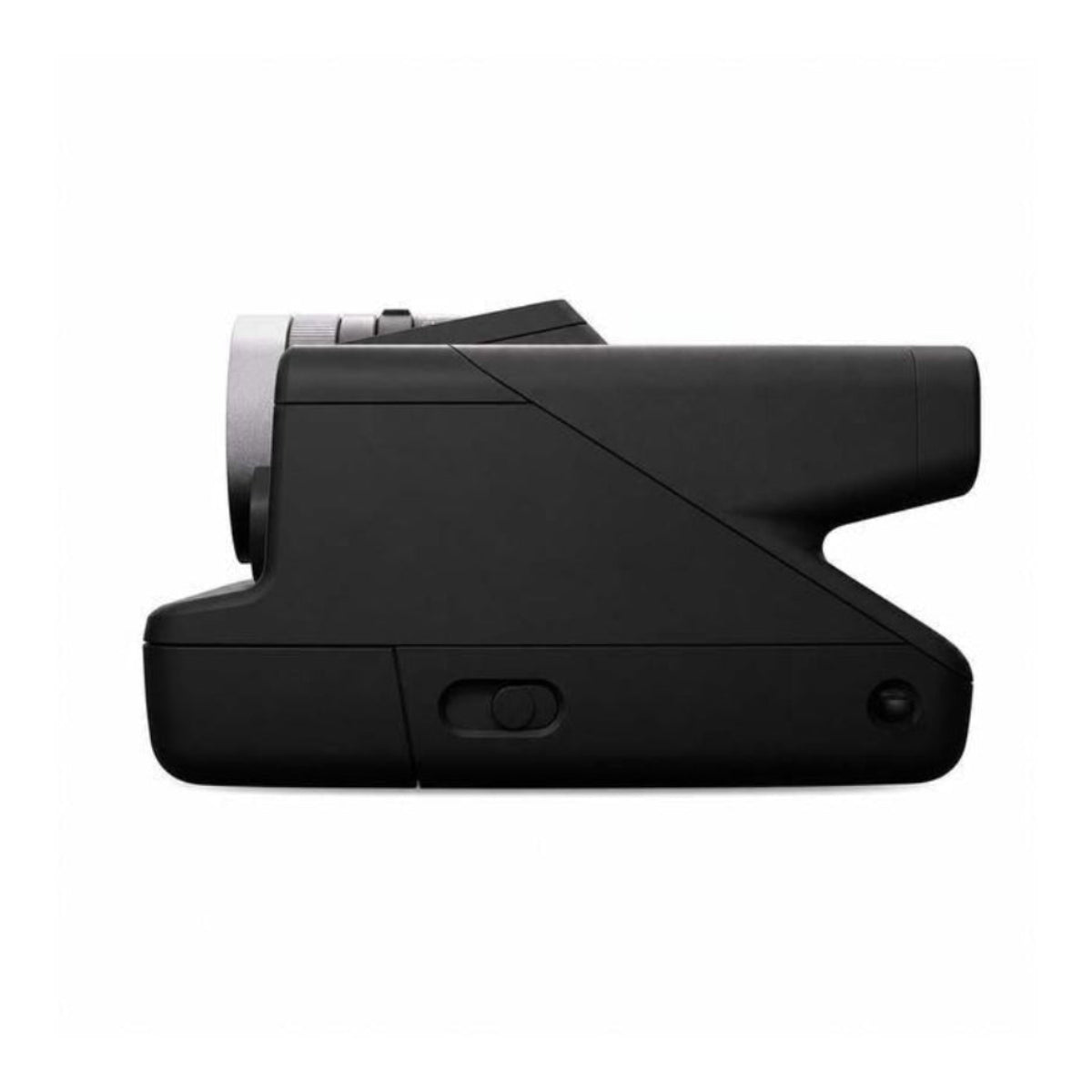 Side profile of the matte black Polaroid I-2 instant camera featuring a silver lens barrel and sleek, modern design.