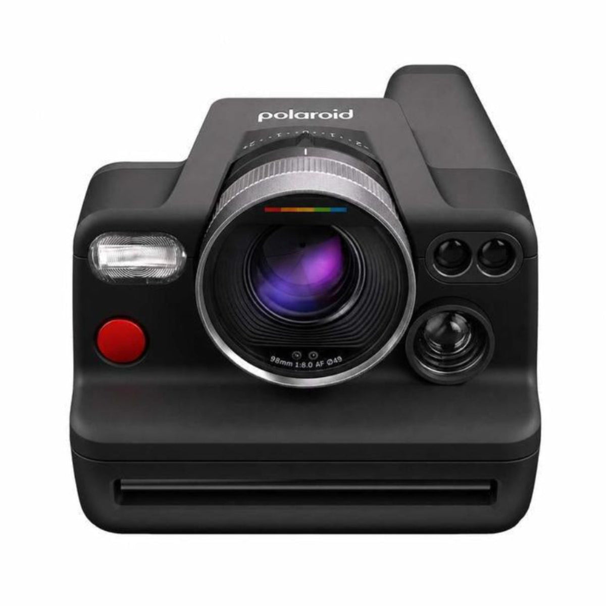 Matte black Polaroid I-2 instant camera featuring a prominent 98mm f/8 lens, LiDAR sensor, and iconic red shutter button.