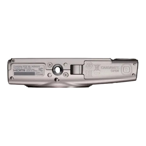 Close-up of a electronic device with various ports and labels on a white background