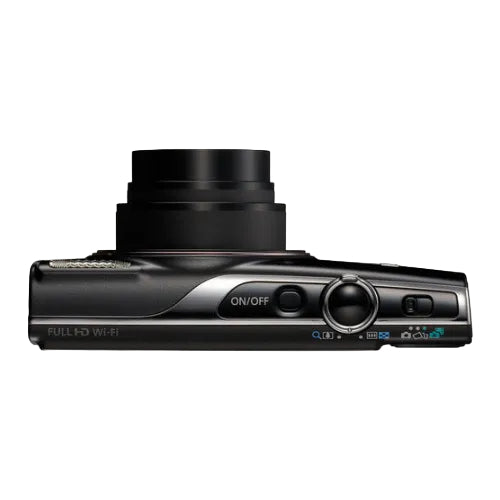 Black digital camera with lens on a white background