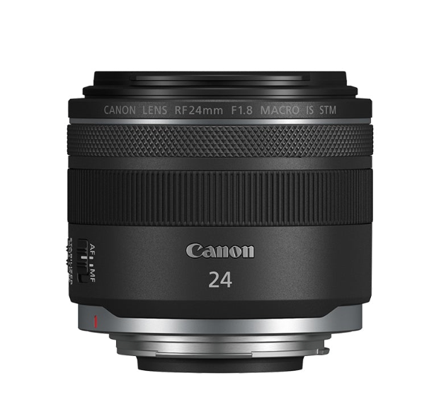 A Canon RF 24mm f/1.8 Macro IS STM lens with a black exterior.