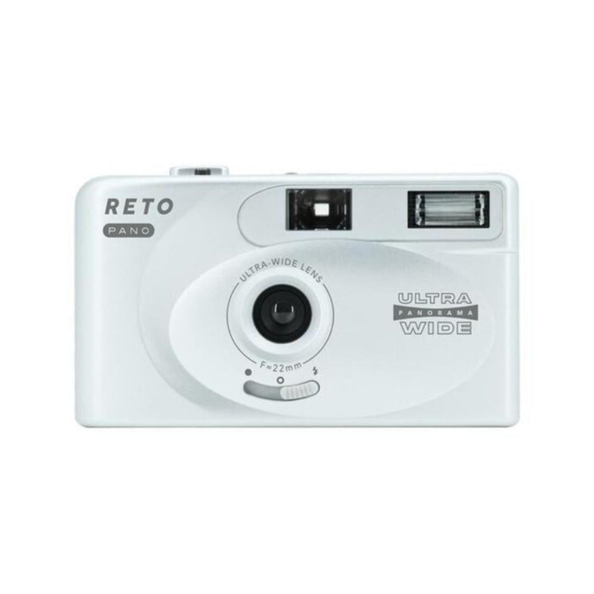 Silver Reto Project PANO 35mm film camera with a 22mm wide-angle lens, built-in flash, and panoramic mode selector.
