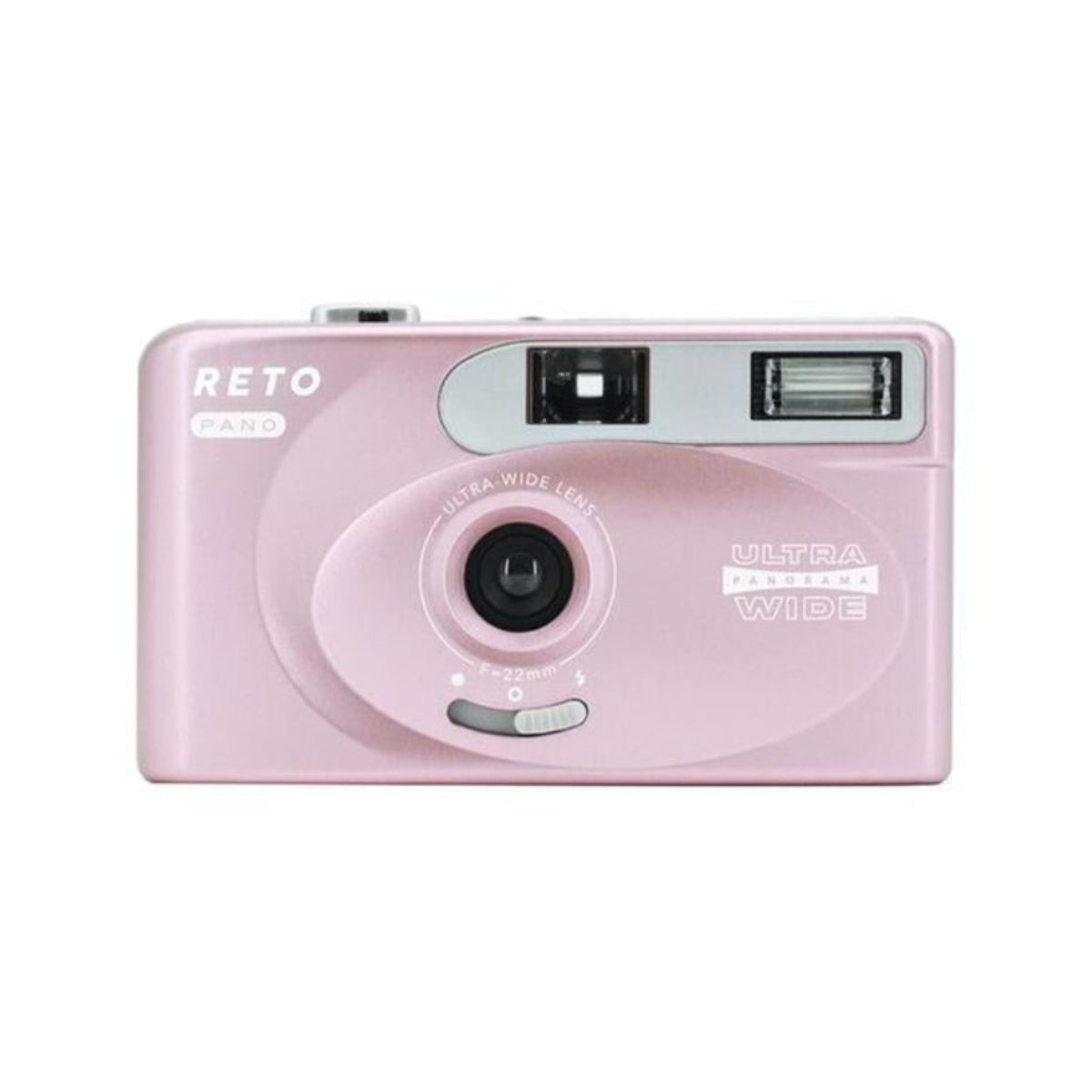 Light pink Reto Project PANO 35mm film camera with a 22mm wide-angle lens, built-in flash, and compact rectangular body.