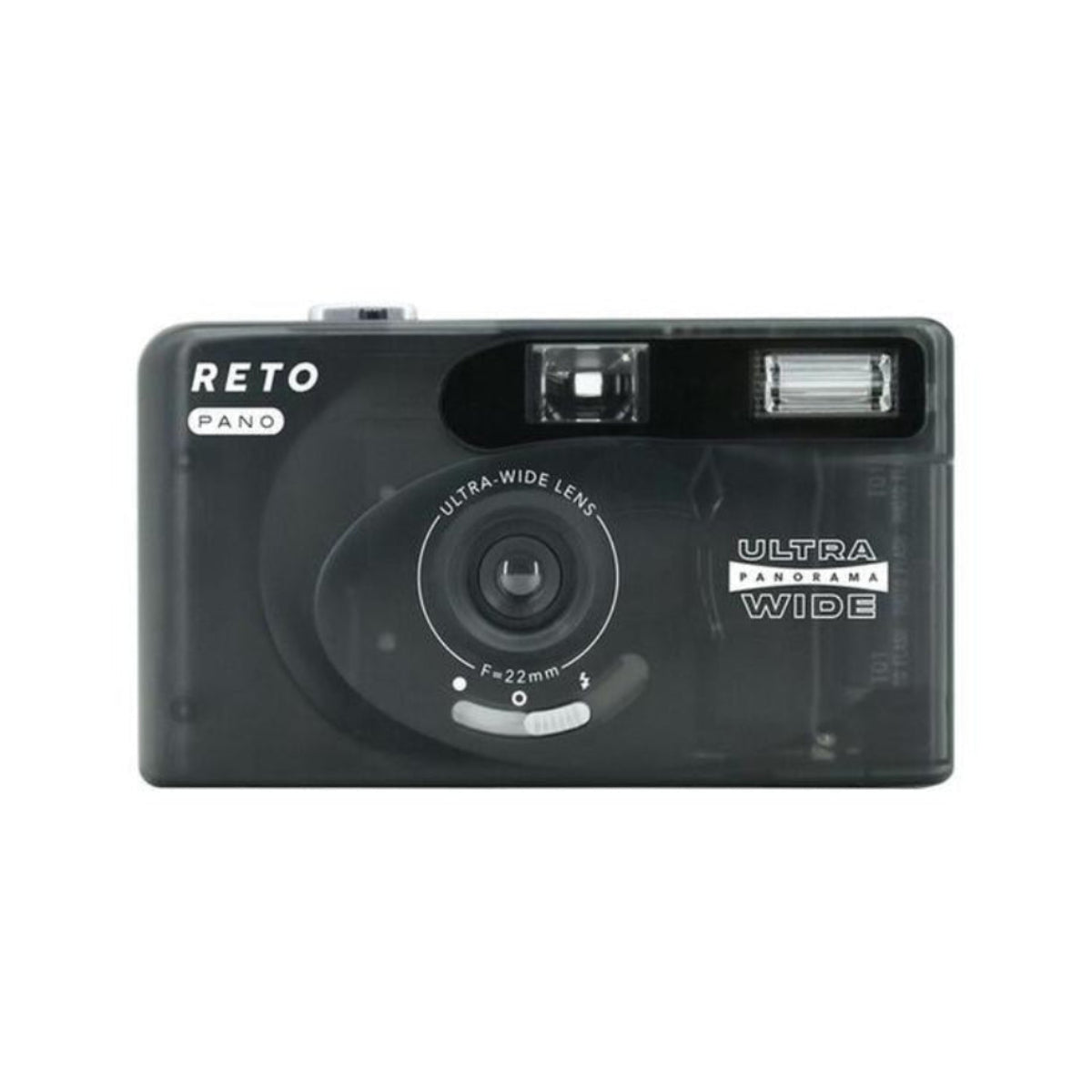 Compact black Reto PANO 35mm film camera with a 22mm ultra-wide lens and built-in flash in a sleek, lightweight design.