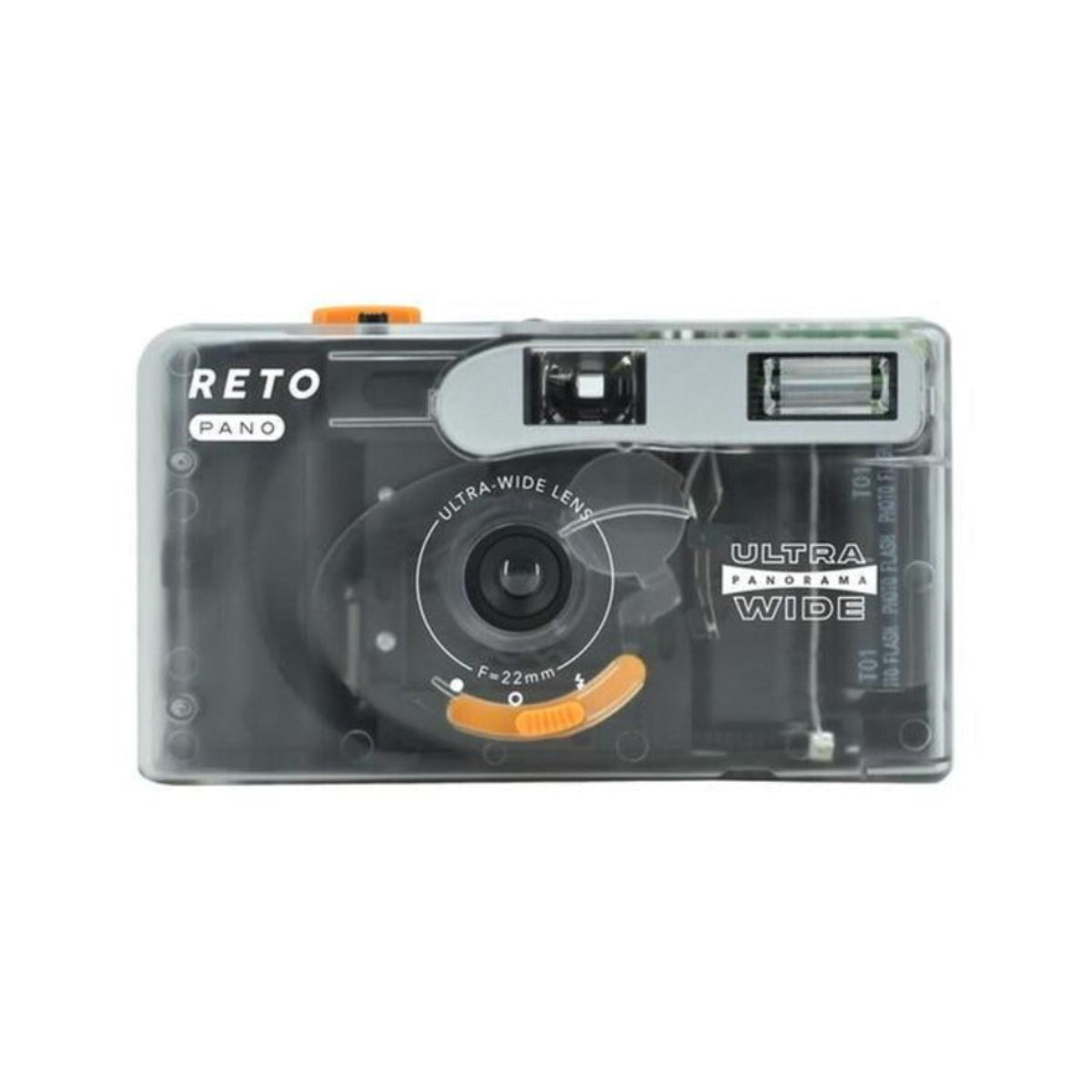 Reto PANO 35mm film camera in a compact, clear plastic body with a 22mm wide-angle lens and manual controls.