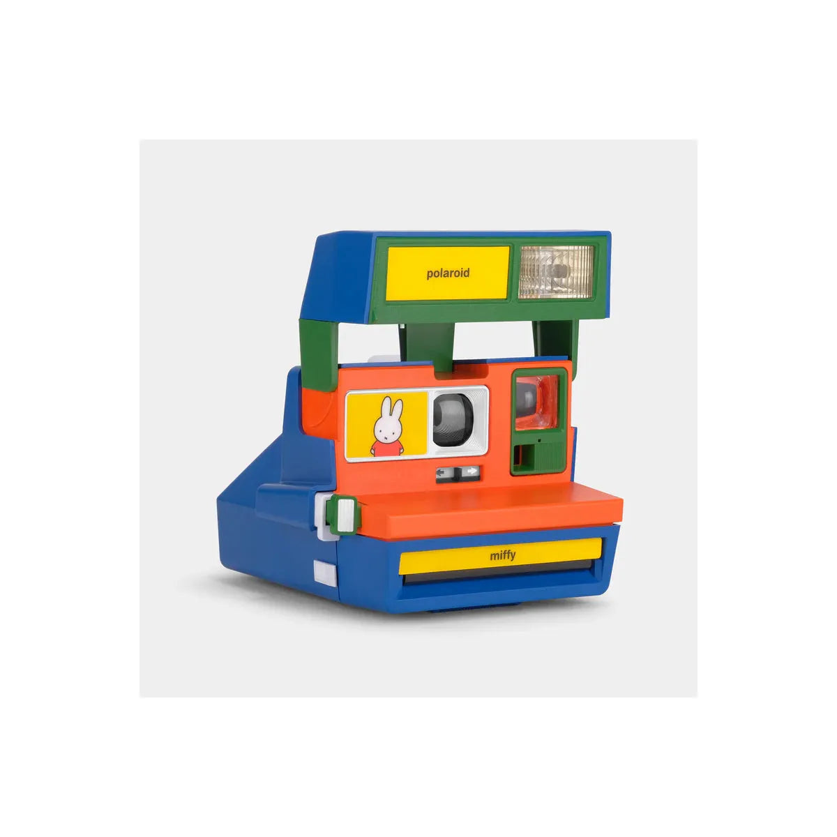 Retrospekt Miffy Polaroid 600 instant camera in blue, orange, and green with a Miffy bunny graphic on the front.