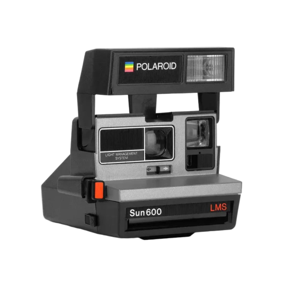 Retrospekt silver and black Polaroid Sun 600 LMS instant camera with built-in flash and light management system.