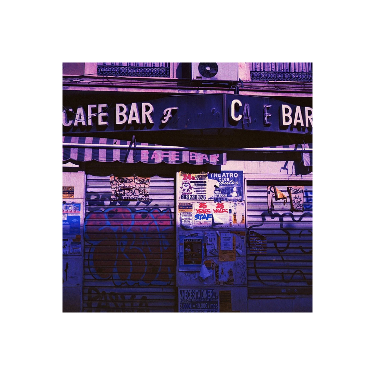A street-level view of a closed cafe bar storefront with graffiti-covered metal shutters, posters, and a dark awning. The scene has a strong purple cast and includes signage reading 'CAFE BAR' across the top.