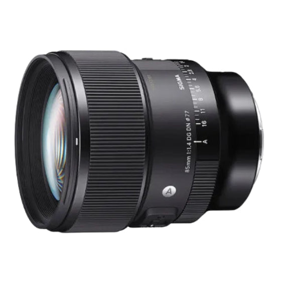 Sony 85mm f/1.4 DG HSM DN 4-PPr camera lens in black, shown at a three-quarter angle on a solid white background.