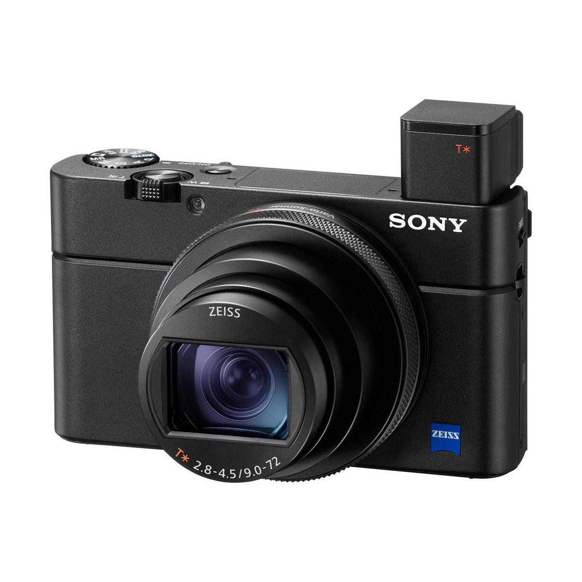 Black Sony RX100 VII compact camera with ZEISS lens and pop-up electronic viewfinder on a white background.