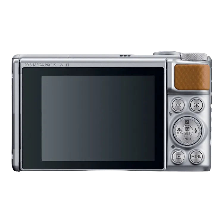 Digital camera with screen and control buttons on a white background