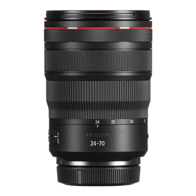 Canon 24-70mm f/2.8L II USM zoom lens in black with a red ring accent and white focus distance markings, shown on a white background.