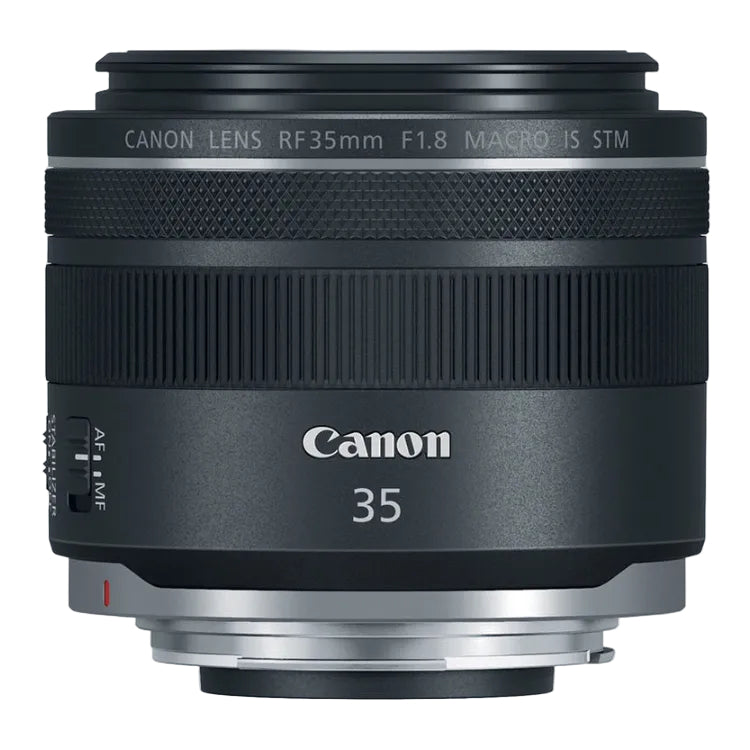 Canon RF 35mm F1.8 Macro IS STM lens on a white background