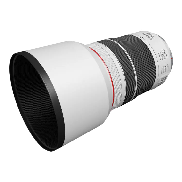 Camera lens with white body and black and red accents on a white background