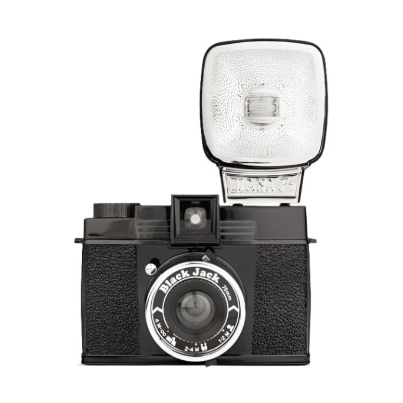 A black Lomography Diana F+ medium format camera with a flash attached to the top, viewed from the front.