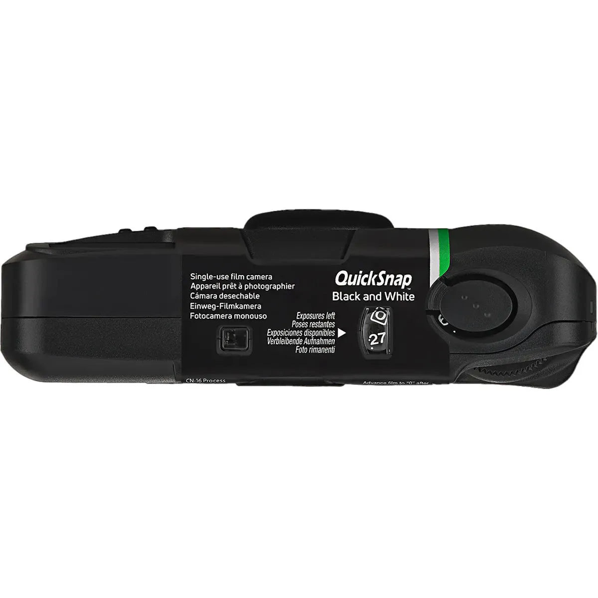 Top view of a QuickSnap Black and White plastic camera showing numbers indicating exposures on a white background