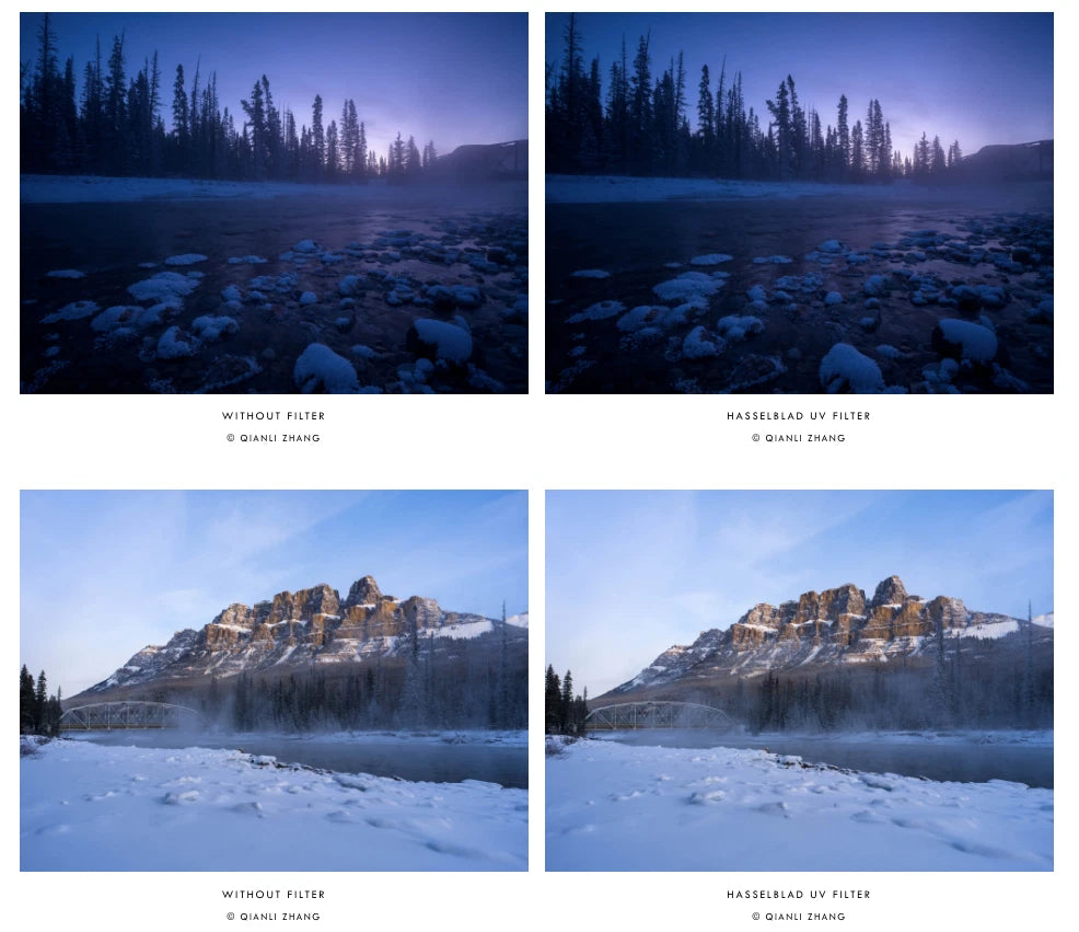 A 2x2 comparison grid showing a winter landscape with a rocky shoreline, snow-covered ground, and a mountain or cliff in the distance under a blue twilight sky. Each panel contains a labeled version: 'WITHOUT FILTER' and 'HAZELBLAD UV FILTER,' with photographer credit '© QUANTI ZHANG' below each photo.