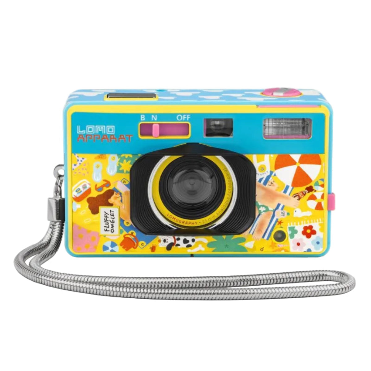 Colorful camera with a patterned design on a white background
